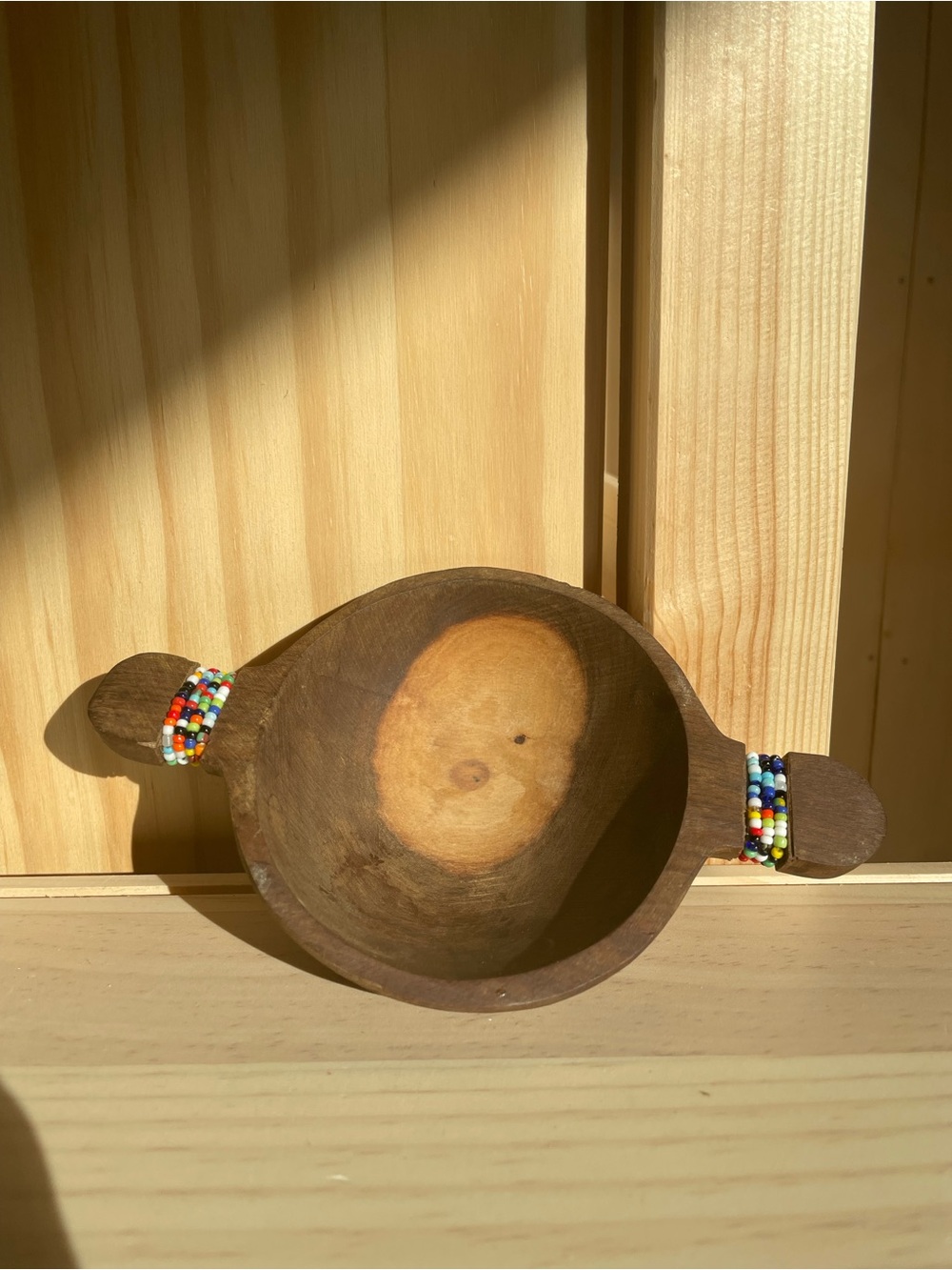 Handcarved Wooden Bowl with Beaded Handles